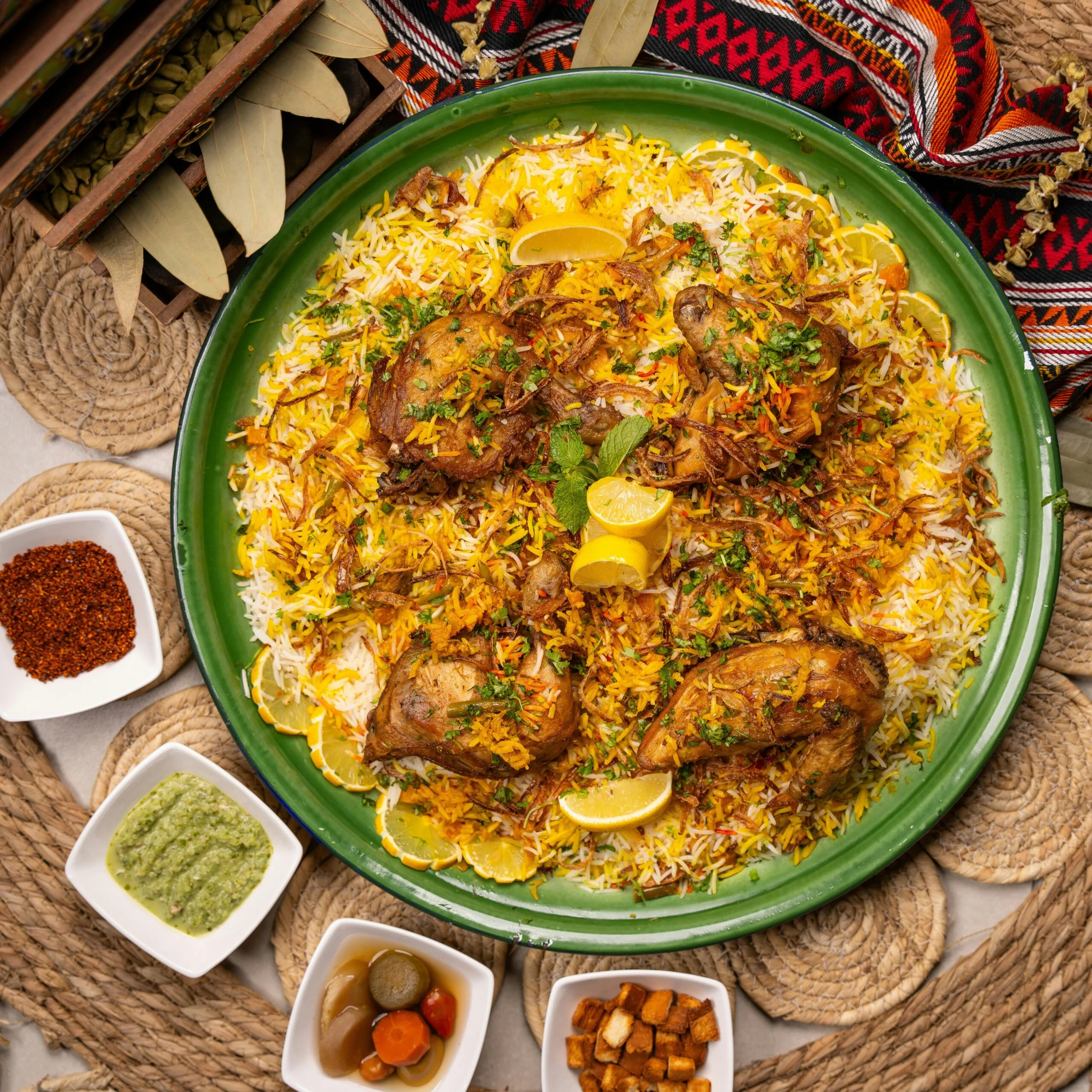 mandi "طبق مندي لذيذ، يقدّم مع الأرز والدجاج المتبل."